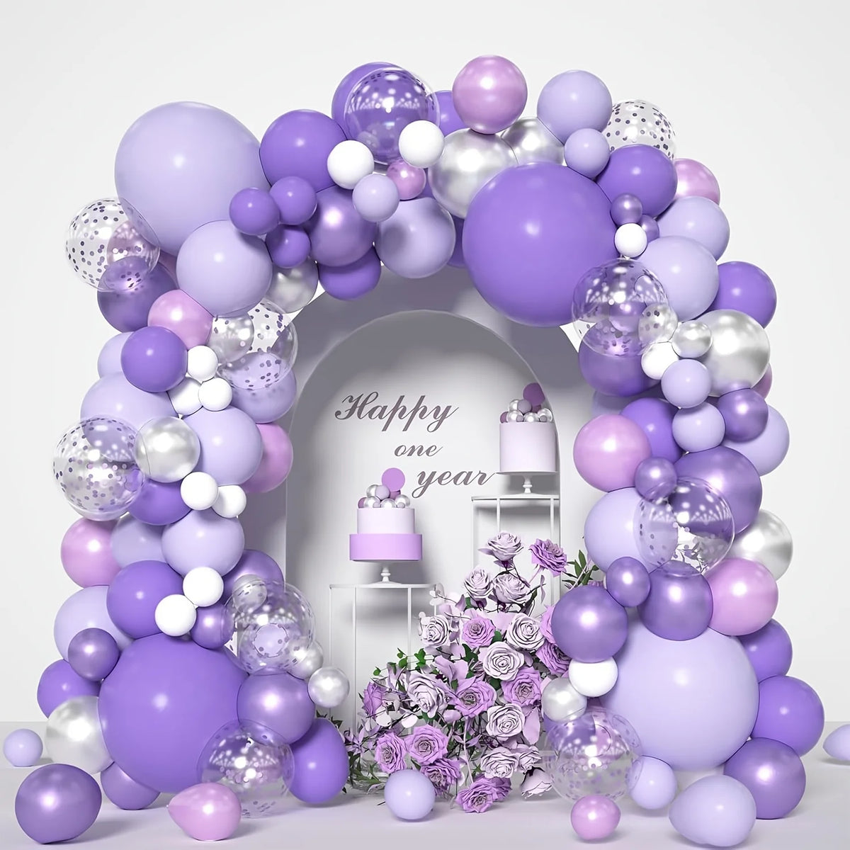 A purple and white metallic balloon garland arch kit featuring balloons in various sizes and finishes.