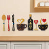 A set of seven rustic wooden kitchen decor pieces including a fork, knife, cup, and wine glass art displayed on a light wall.