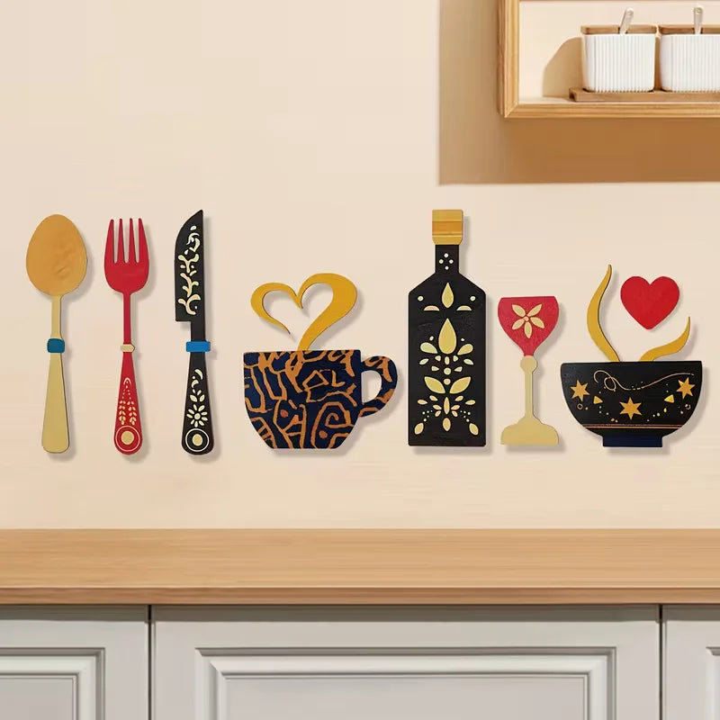 A set of seven rustic wooden kitchen decor pieces including a fork, knife, cup, and wine glass art displayed on a light wall.
