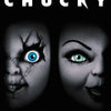 A black and white portrait of a horror figure with glowing blue eyes, featuring the title Bride of Chucky.
