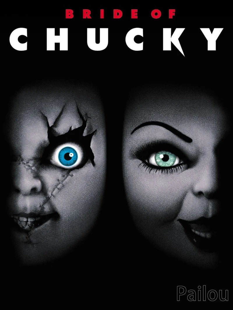 A black and white portrait of a horror figure with glowing blue eyes, featuring the title Bride of Chucky.