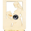 A wooden sign featuring a silhouette of a pregnant woman holding a baby, with the text Love at first sight below.
