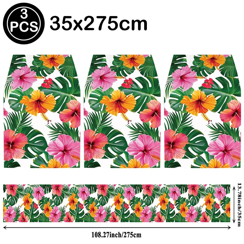Three pieces of floral print table mats measuring 35x275cm for a Hawaiian luau party set