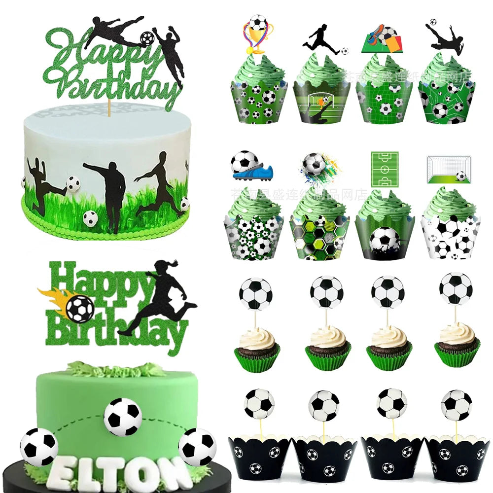 A set of soccer ball cake toppers and cupcakes for a birthday party featuring green and black colors.