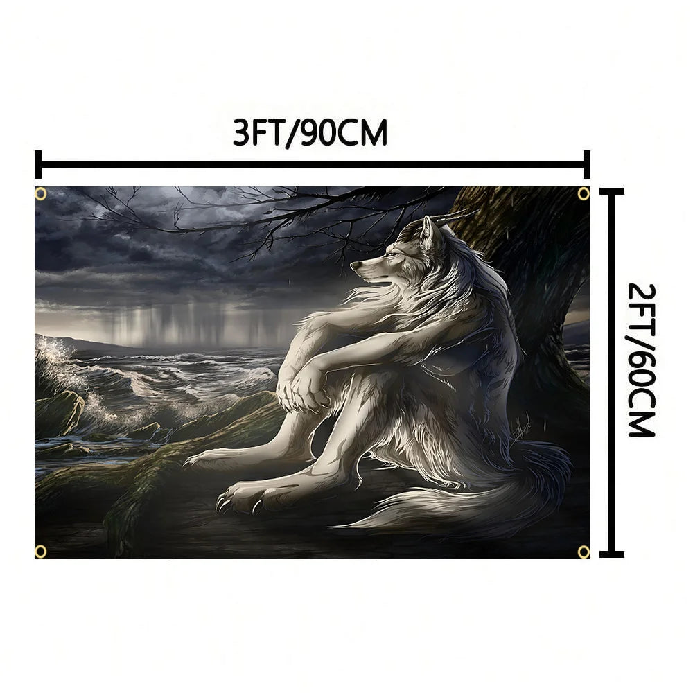 A dark, realistic tapestry depicting a wolf howling under a stormy sky and beside a large tree.