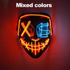 A glowing neon-style mask featuring mixed colors, including red and blue, with an X and a dollar sign design.