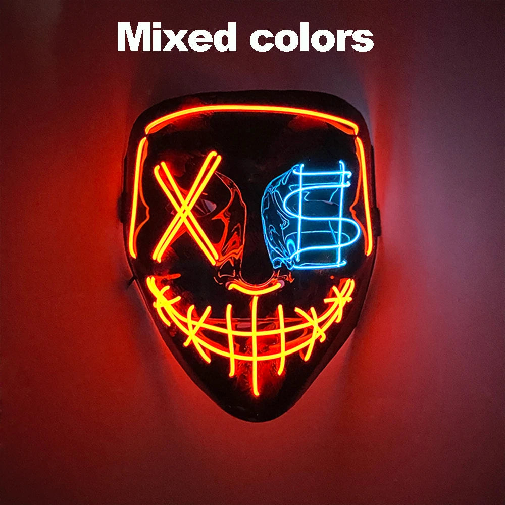 A glowing neon-style mask featuring mixed colors, including red and blue, with an X and a dollar sign design.