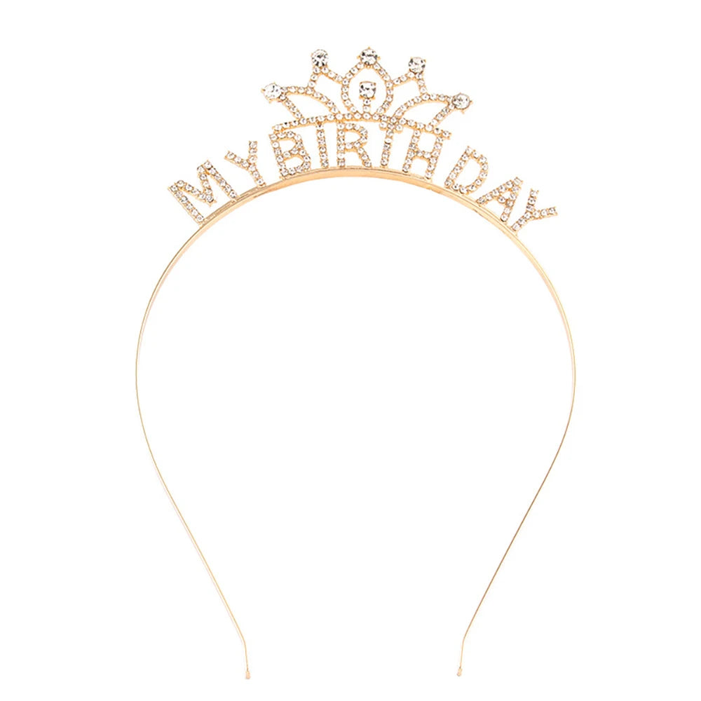Gold birthday tiara crown headband with sparkling stones and the words MYBIRTHDAY
