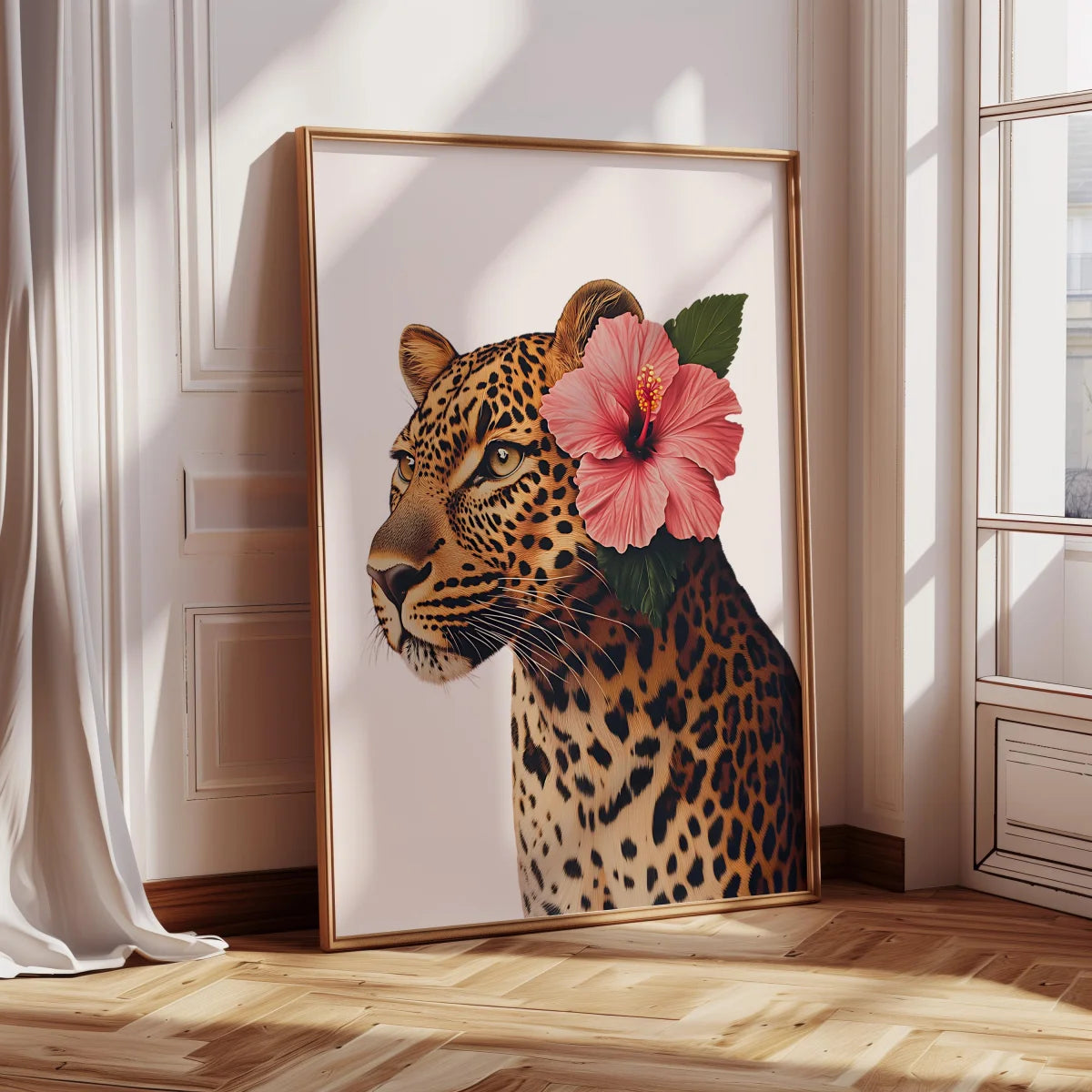 Wall art featuring a painting of a leopard's head with a pink hibiscus flower on a neutral background.