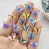 A hand holds a collection of thirty colorful resin butterfly embellishments in various shades of blue, purple, and yellow.
