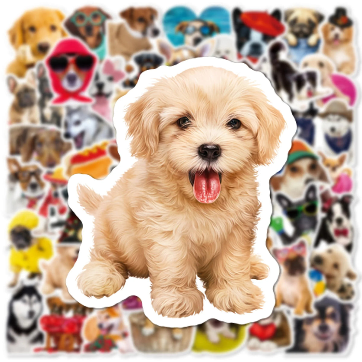 A collection of realistic dog stickers featuring various breeds and expressions.