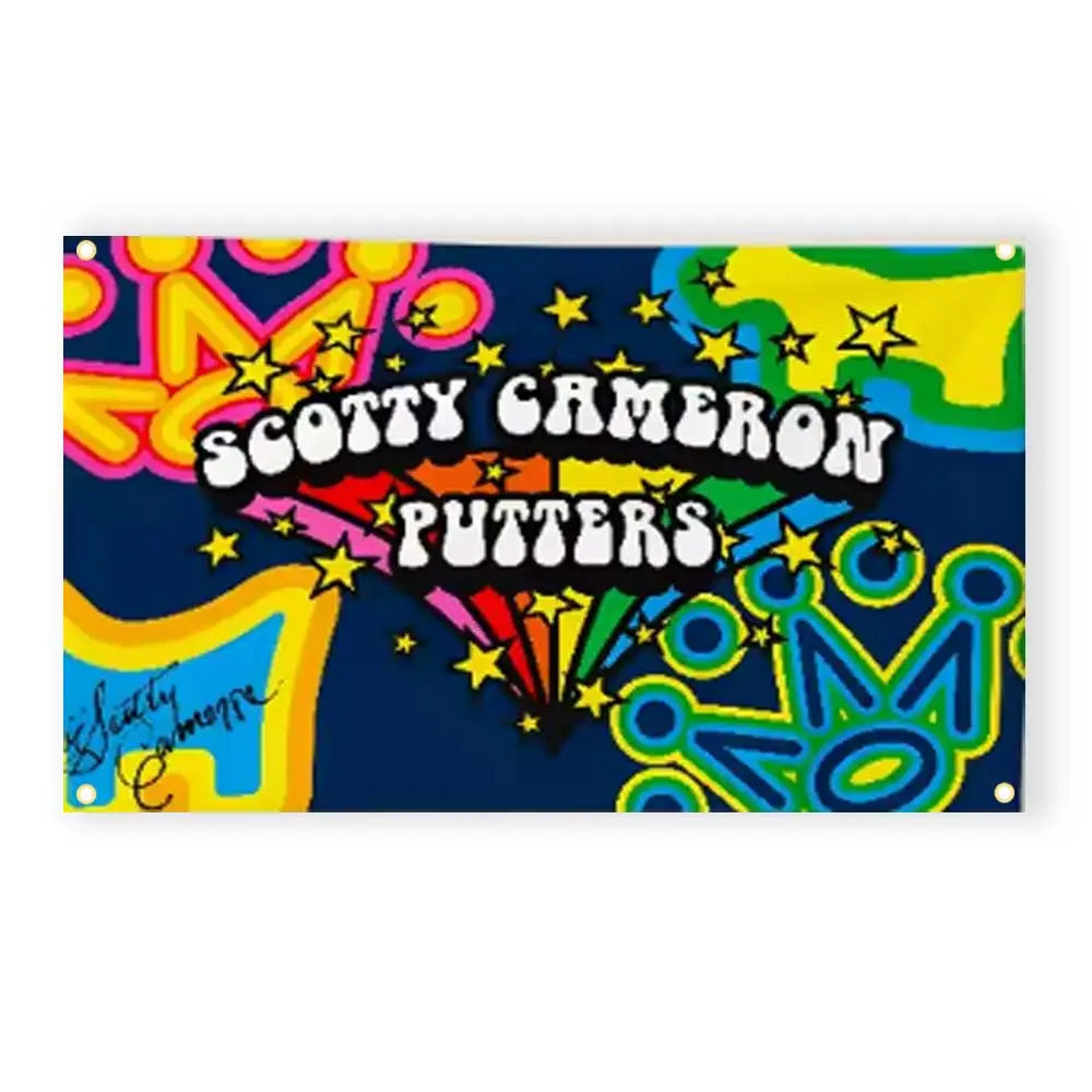 A colorful tapestry banner featuring the text SCOTTY CAMERON PUTTERS in bright, playful lettering and stars.