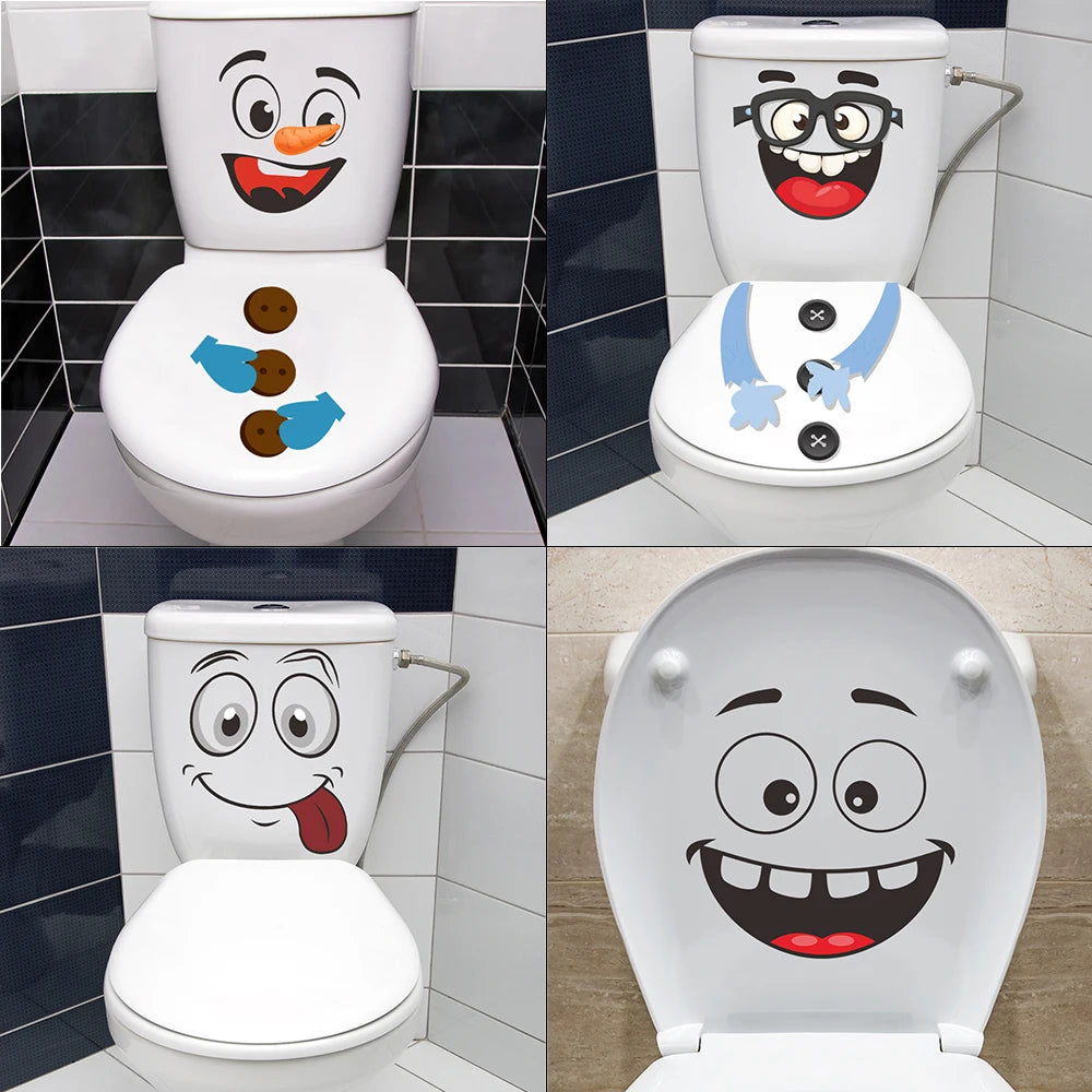 Funny cartoon face toilet decal showing various expressive faces on a white toilet bowl and tank.