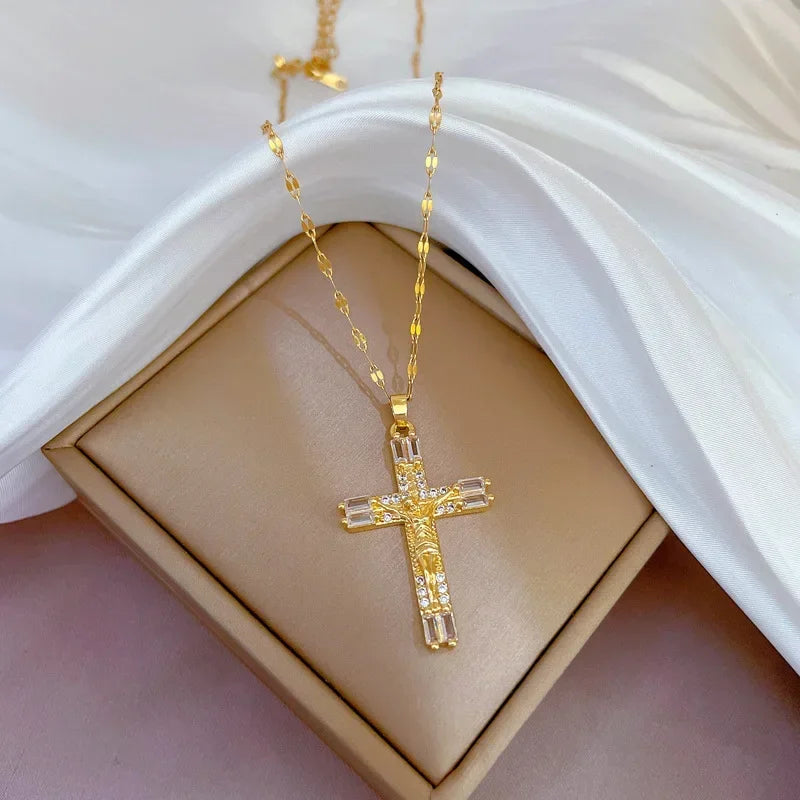 Gold Stainless Steel Crystal Cross Pendant Necklace