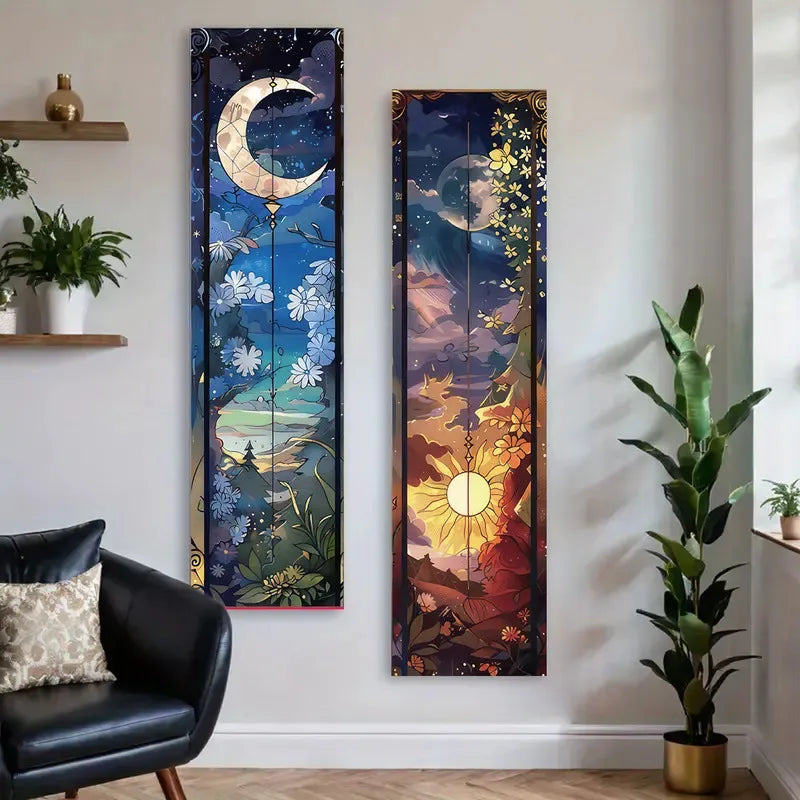 A vertical tapestry wall hanging featuring a crescent moon and a bright sun in deep blues, purples, and golds.