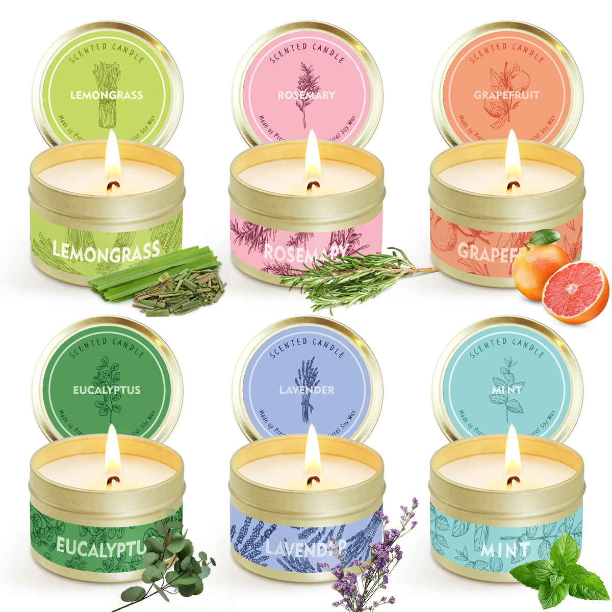 A collection of scented candles in various colors including lemongrass, rosemary, grapefruit, eucalyptus, lavender, and mint.