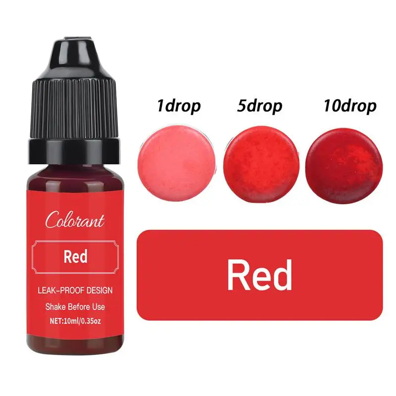 A bottle of red liquid colorant with dropper tips showing 1, 5, and 10 drops of red pigment.