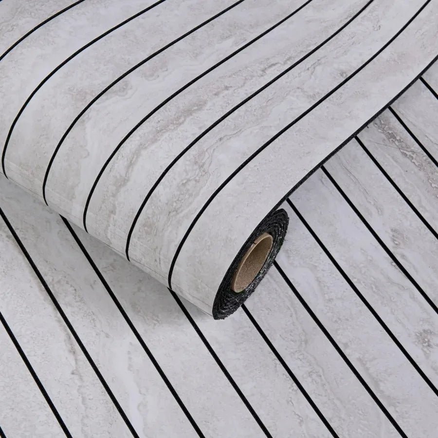 Roll of self-adhesive 3D wood grain wall panels showing dark and light stripes.