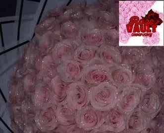 A close-up of a large bouquet of pink glitter artificial roses for DIY crafts and gifting.