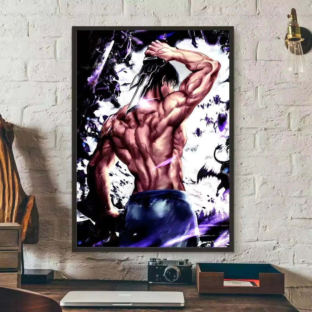 Anime canvas art poster featuring Toji Fushiguro in a muscular pose with purple and white lighting.