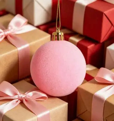 A pink velvet flocked Christmas ornament with a gold hanger resting on a stack of red and white wrapped gifts.