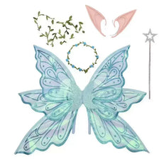 Light blue iridescent butterfly wings and a delicate flower crown for an enchanted fairy costume set