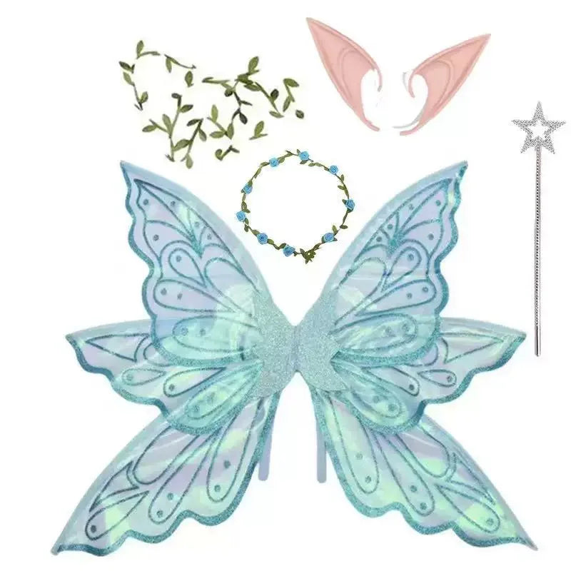 Light blue iridescent butterfly wings and a delicate flower crown for an enchanted fairy costume set