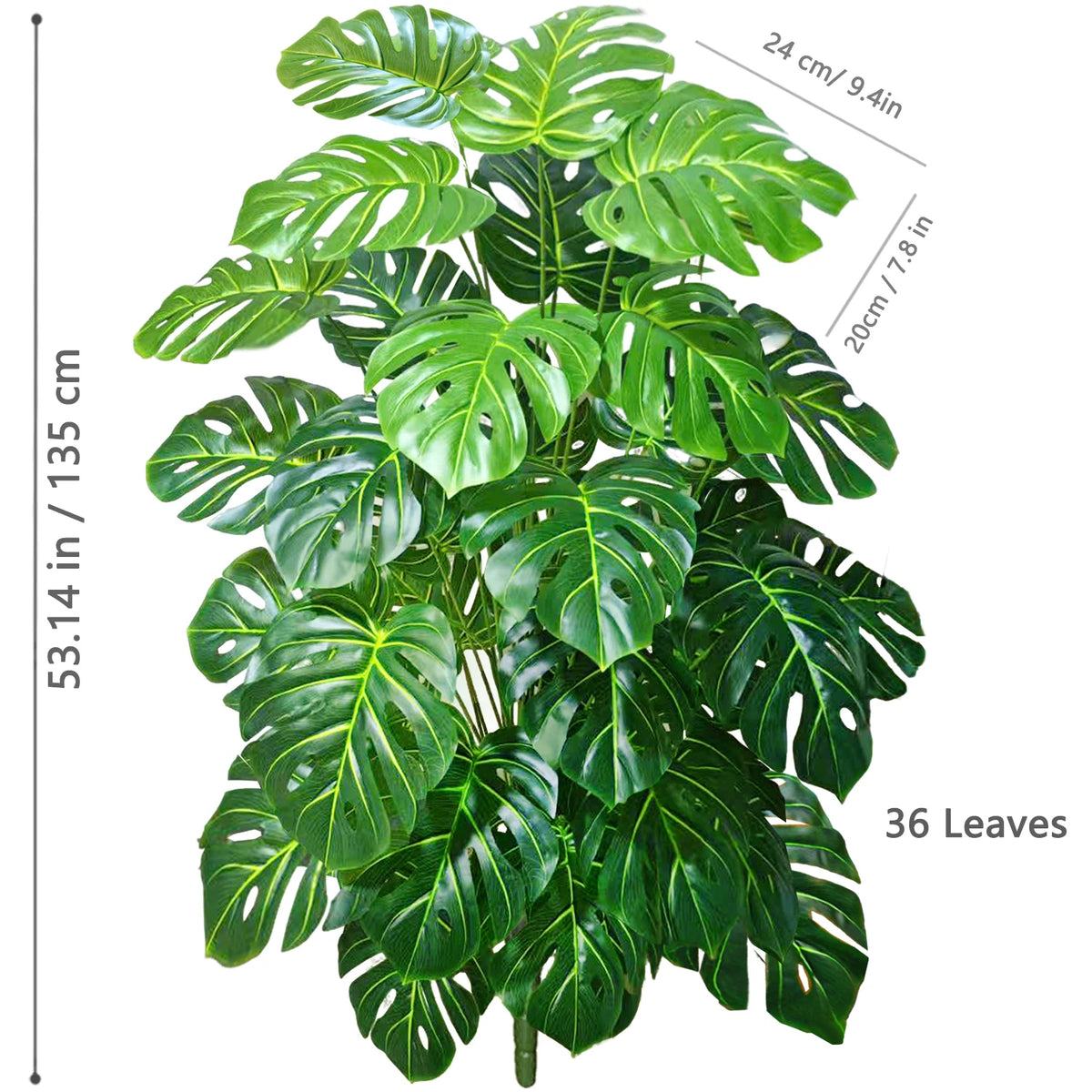 A vibrant green artificial Monstera plant with large silk leaves shown in a vertical orientation.