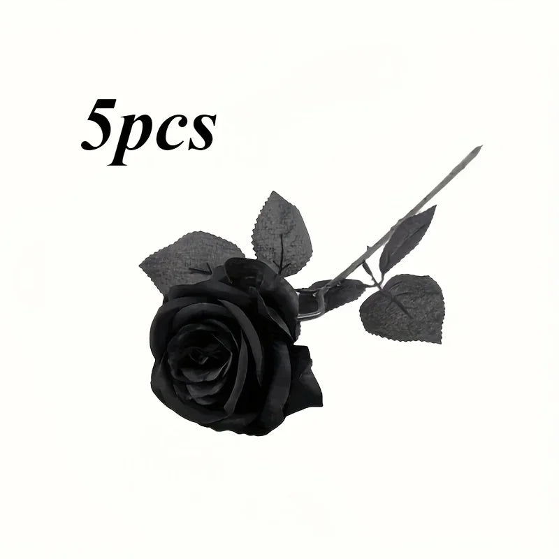 Five artificial black roses with leaves on a stem for home decor