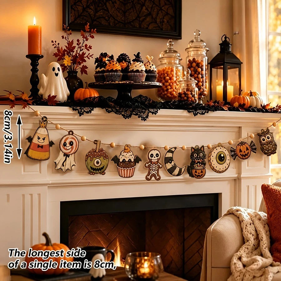 Vintage Halloween wooden hanging garland featuring retro pumpkin, ghost, and cat beads displayed on a fireplace mantel.