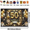 A large gold and black banner design for a 50th birthday celebration featuring balloons, confetti, and sparkling elements.
