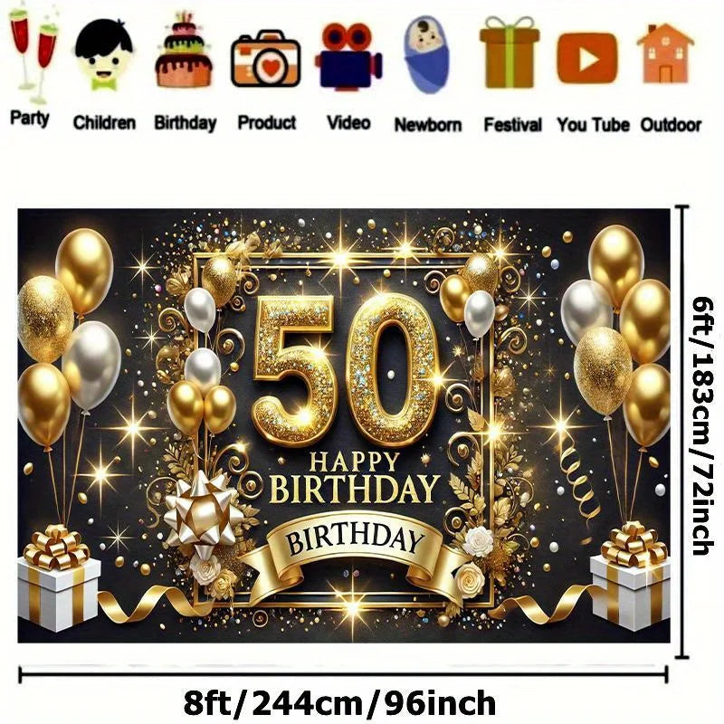 A large gold and black banner design for a 50th birthday celebration featuring balloons, confetti, and sparkling elements.