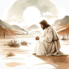 Watercolor painting of Jesus sitting in a desert landscape with mountains and a bright sun.