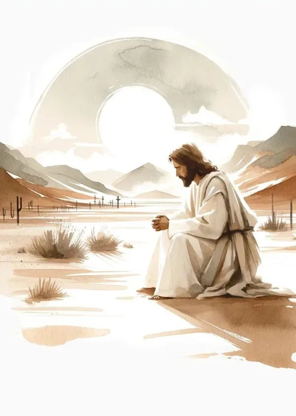 Watercolor painting of Jesus sitting in a desert landscape with mountains and a bright sun.