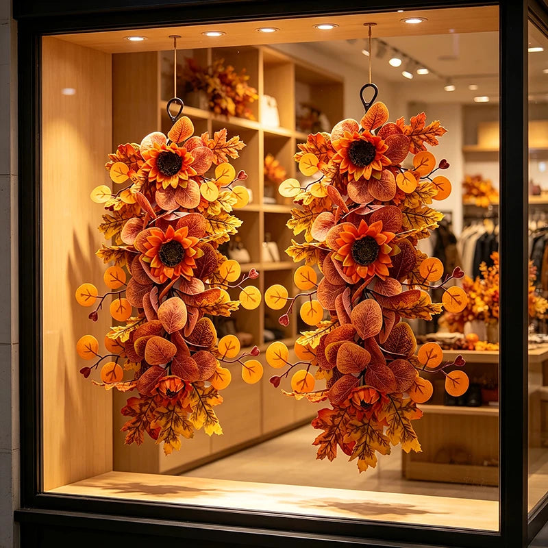 An autumn sunflower teardrop swag with maple leaves hanging in a display window.