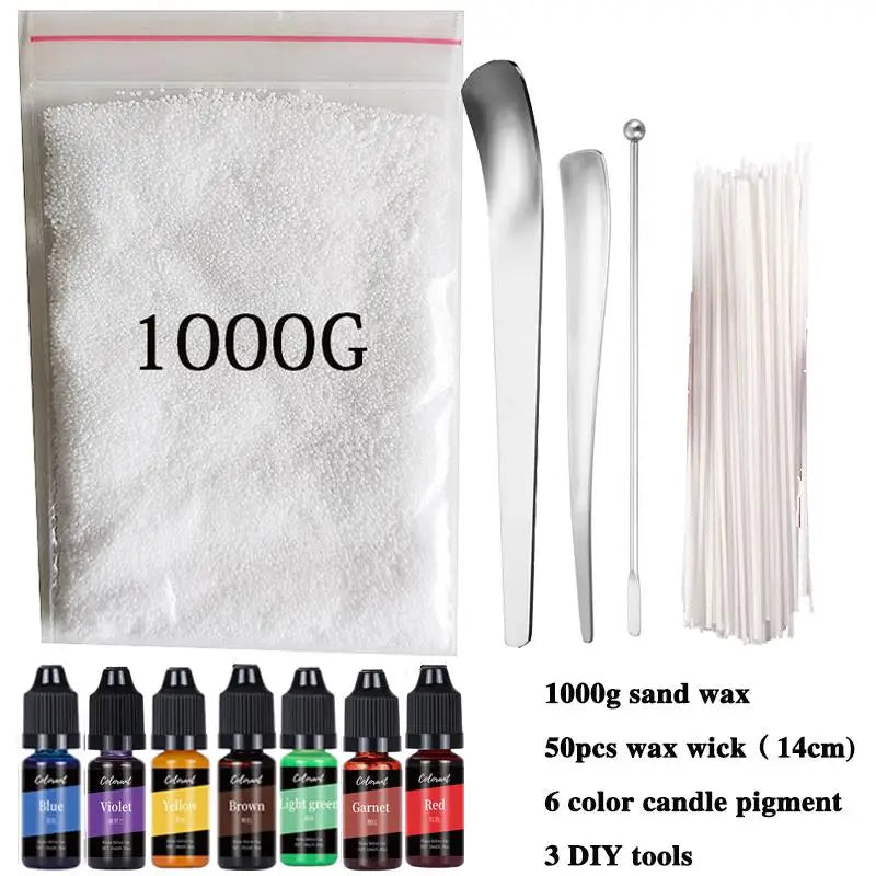 1000g sand wax kit with 50 pieces of wax wick, 6 color candle pigment, and 3 DIY tools