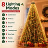 Christmas tree decorated with warm white lights showing eight different lighting modes