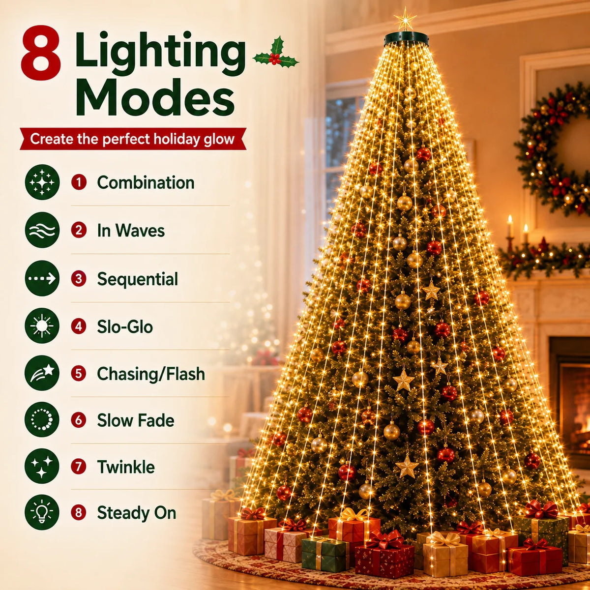 Christmas tree decorated with warm white lights showing eight different lighting modes