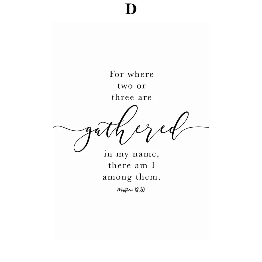 A minimalist design featuring the letter D and the Bible verse Matthew 18:20, For where two or three are gathered in my name,