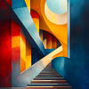 Abstract minimalist architecture featuring a bright yellow and orange staircase leading up through blue walls.