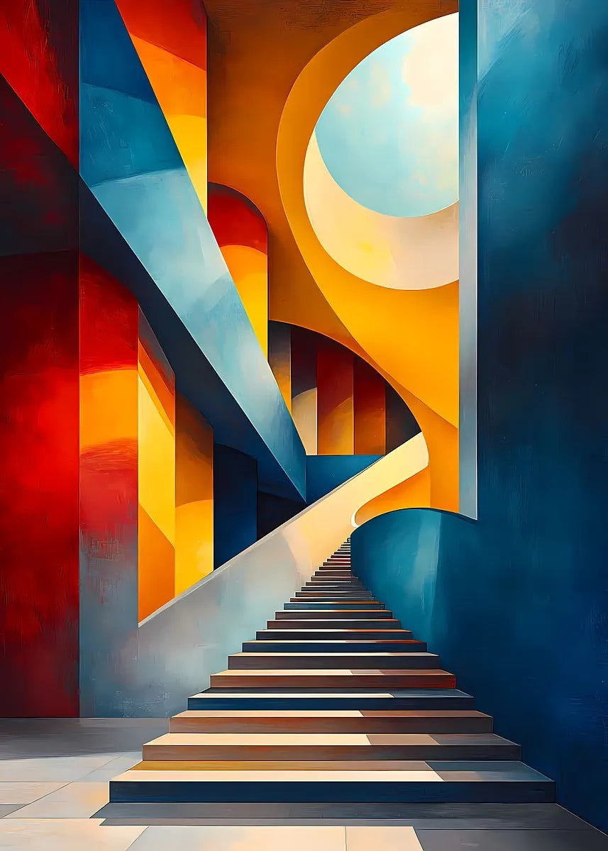 Abstract minimalist architecture featuring a bright yellow and orange staircase leading up through blue walls.