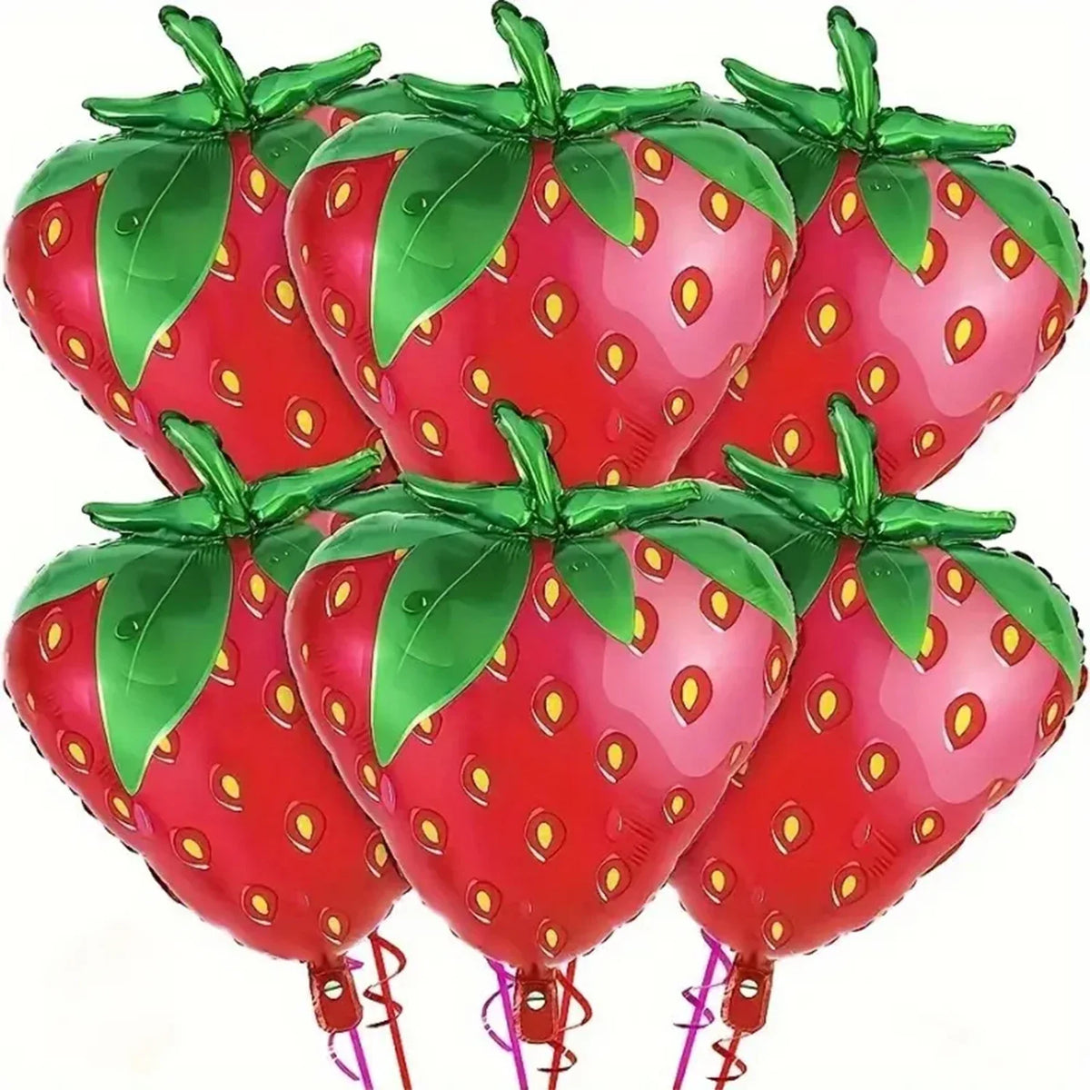 A set of six red strawberry foil balloons with green leaves for parties