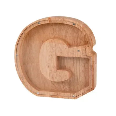 Wooden alphabet letter G piggy bank coin box for kids in light wood tone