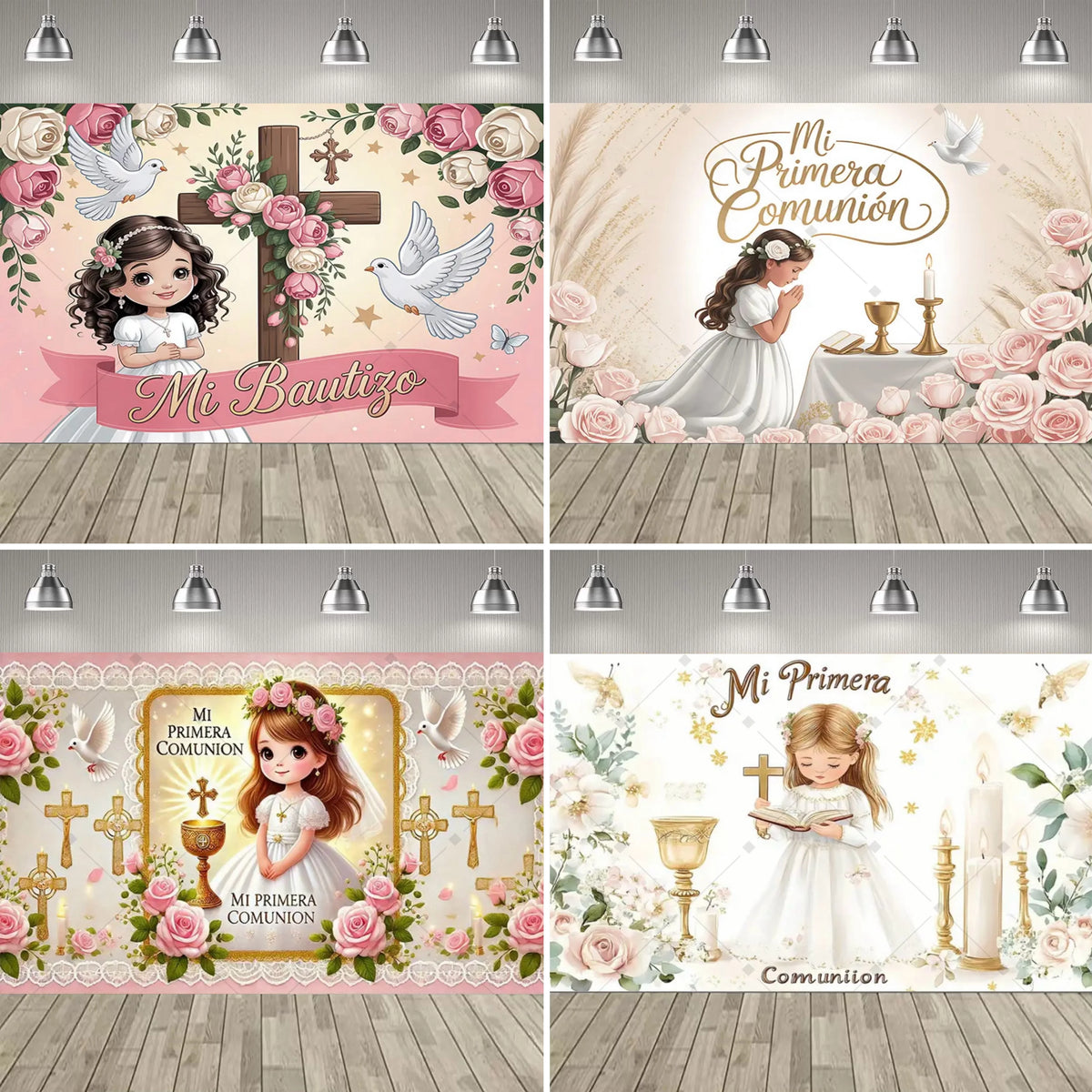 A set of four floral backdrops for First Communion and Confirmation ceremonies featuring crosses, doves, and elegant designs.