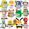 A collection of handmade crochet potato dolls featuring positive messages and various animal themes.