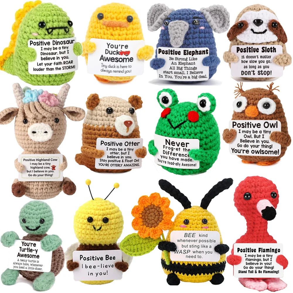 A collection of handmade crochet potato dolls featuring positive messages and various animal themes.
