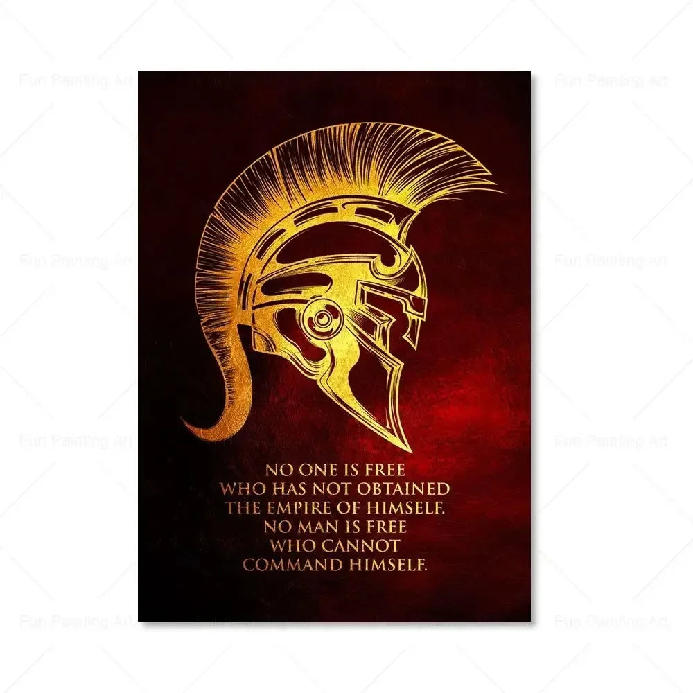 A dark red canvas wall art featuring a golden warrior helmet silhouette and motivational text.