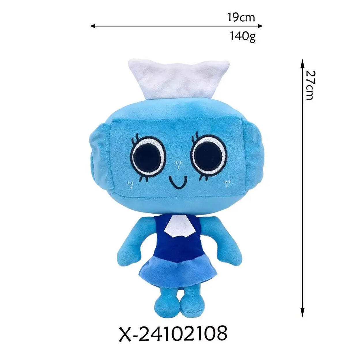 A light blue plush toy resembling a character with large eyes and a white top, shown against a white background.