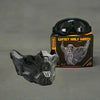 A black tactical silicone half-face mask is displayed next to its packaging and a pair of black goggles.