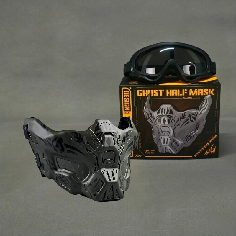 A black tactical silicone half-face mask is displayed next to its packaging and a pair of black goggles.